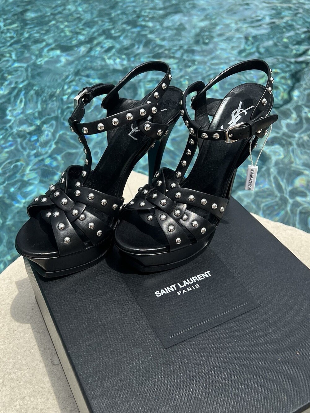 SAINT LAURENT Tribute Studded Platform Sandals Women's Size 8 Black EU 38 $900